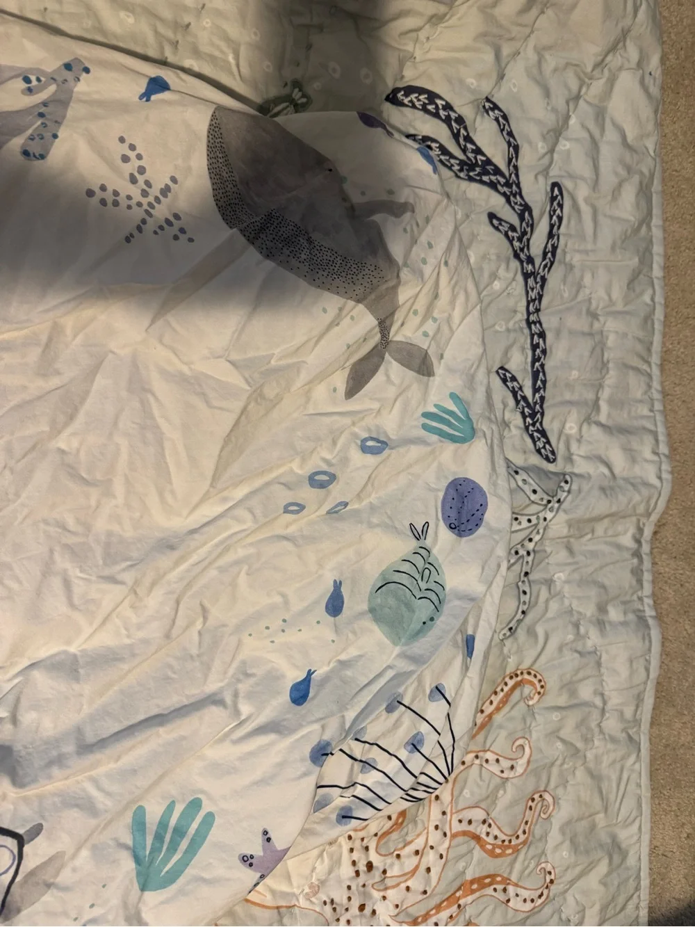 Crate&Barrel Whale & Sea Life Quilted Throw - Blue, White, Orange